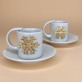 Neva - Kar Tanesi Detaylı 2 Kişilik Kahve Fincan Takımı(Gold)