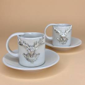Neva - Geyik Detaylı 2 Kişilik Kahve Fincan Takımı(Silver)