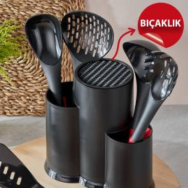 Counter Top Black 3-Compartment Serving Set Stand-Spoon and Knife Holder Organizer - Thumbnail